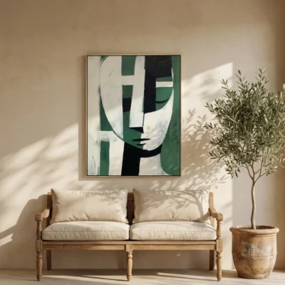 Emerald Geometry textured wall art shown framed on the wall in a styled interior