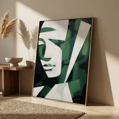 Emerald Shard textured wall art shown framed on the wall in a styled interior