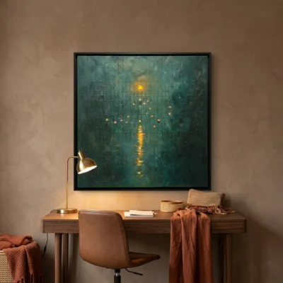 Lantern Grid textured wall art shown framed on the wall in a styled interior