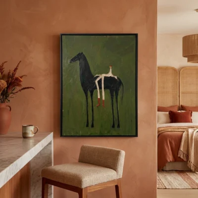 Backward Rider textured wall art shown framed on the wall in a styled interior