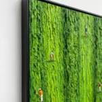 Five on Green textured wall art shown framed on the wall in a styled interior