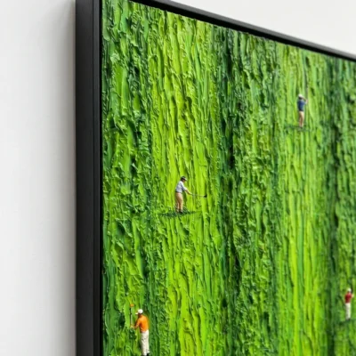 Five on Green textured wall art shown framed on the wall in a styled interior