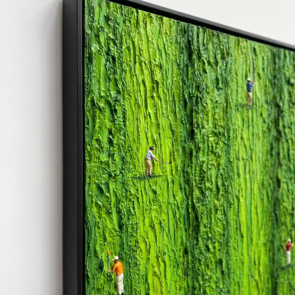 Five on Green textured wall art shown framed on the wall in a styled interior