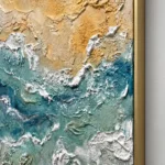 Weathered Crest textured wall art shown framed on the wall in a styled interior