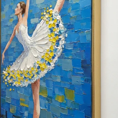 Ethereal Dancer Impasto Abstract ballerina heavy brushstrokes blue background abstract wall art - Angle View