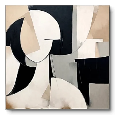 Abstract textured painting of curved and angular cream, beige, black and grey shapes, gold thin frame