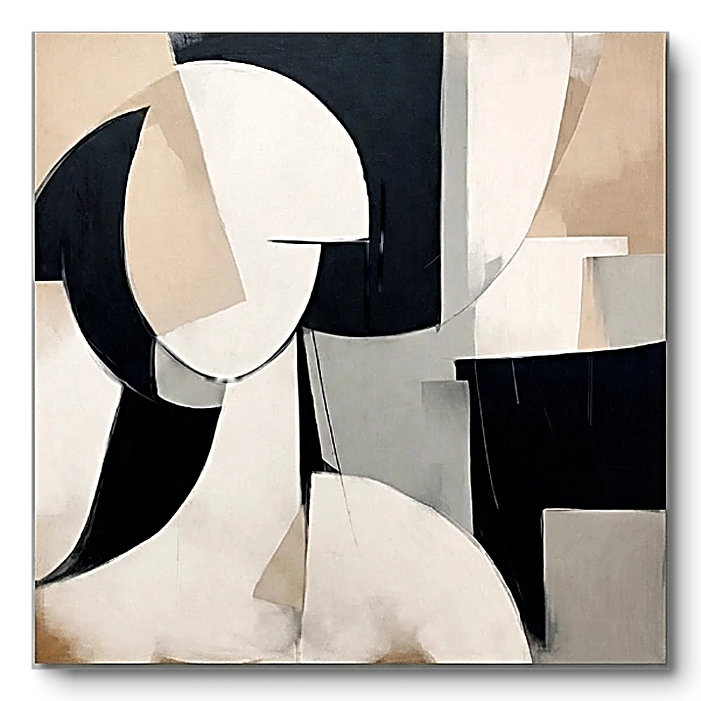 Abstract textured painting of curved and angular cream, beige, black and grey shapes, gold thin frame