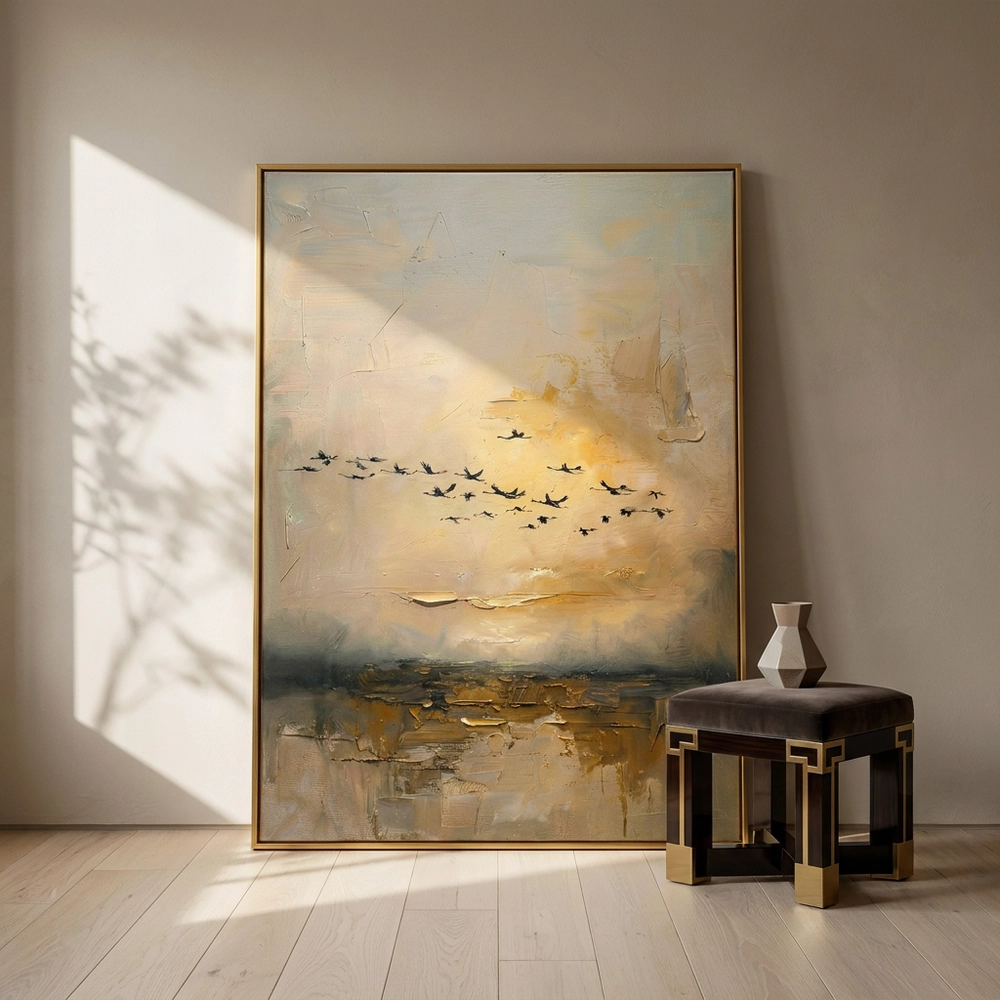 Golden Migration textured wall art shown framed on the wall in a styled interior