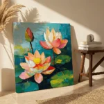 Lotus Pond textured wall art shown framed on the wall in a styled interior