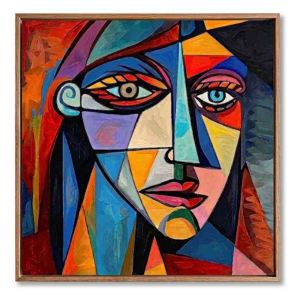 Multicolour textured cubist face built from fragmented planes of colour