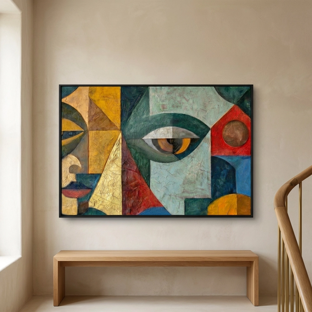 Fractured Gaze textured wall art shown framed on the wall in a styled interior
