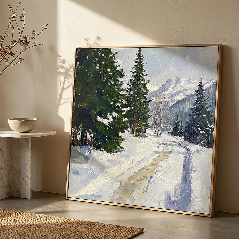 Pine Passage textured wall art shown framed on the wall in a styled interior
