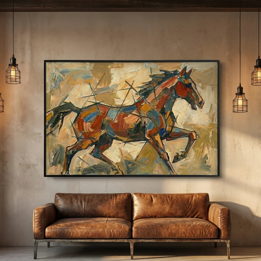 Cubist Gallop textured wall art shown framed on the wall in a styled interior
