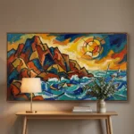 Cubist Harbor Sun textured wall art shown framed on the wall in a styled interior
