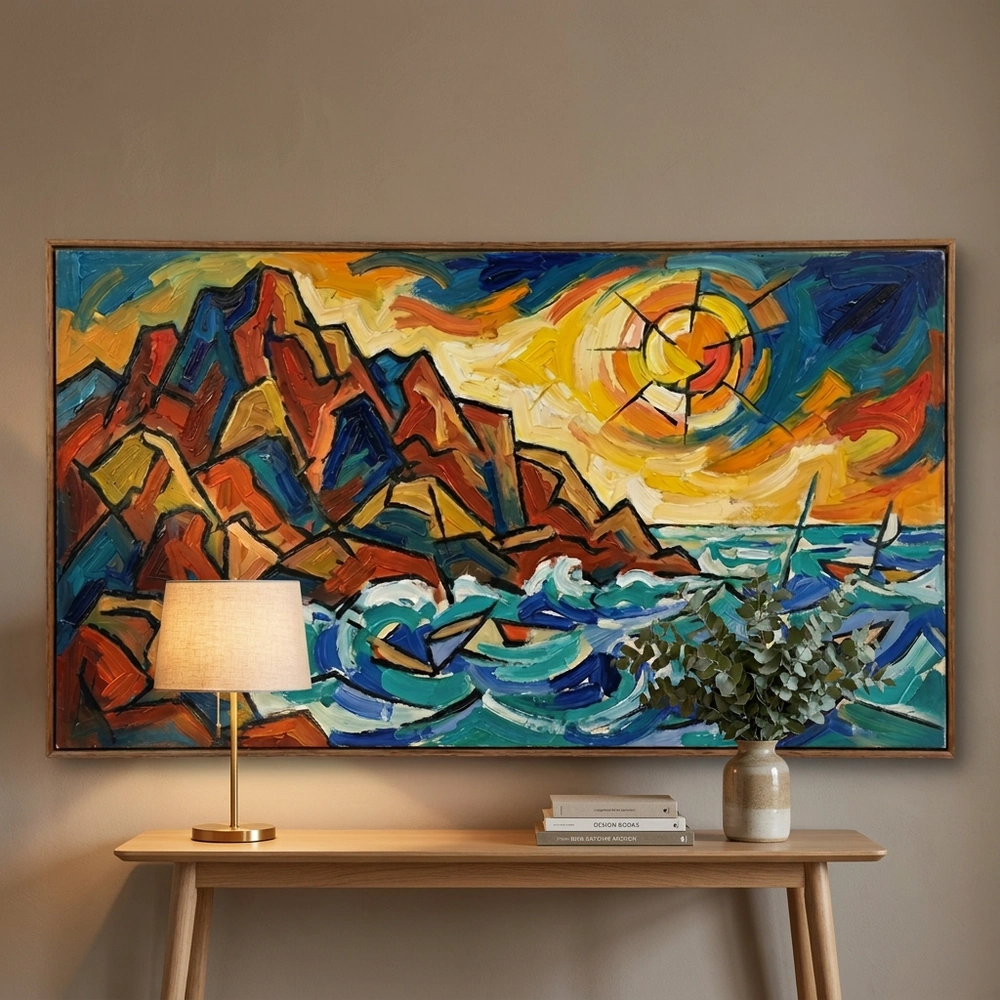 Cubist Harbor Sun textured wall art shown framed on the wall in a styled interior