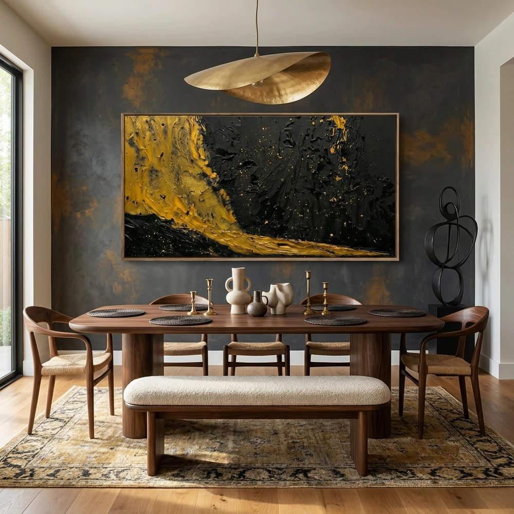 Gilded Noir textured wall art shown framed on the wall in a styled interior