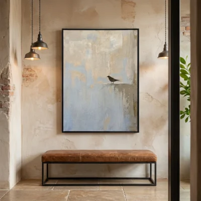 Gilded Solitude textured wall art shown framed on the wall in a styled interior