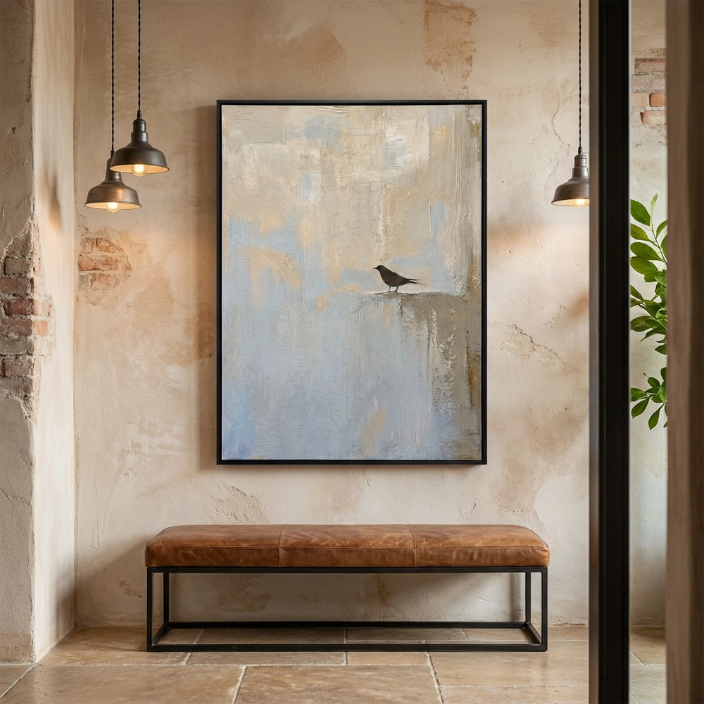 Gilded Solitude textured wall art shown framed on the wall in a styled interior