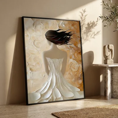 Windswept Rose textured wall art shown framed on the wall in a styled interior