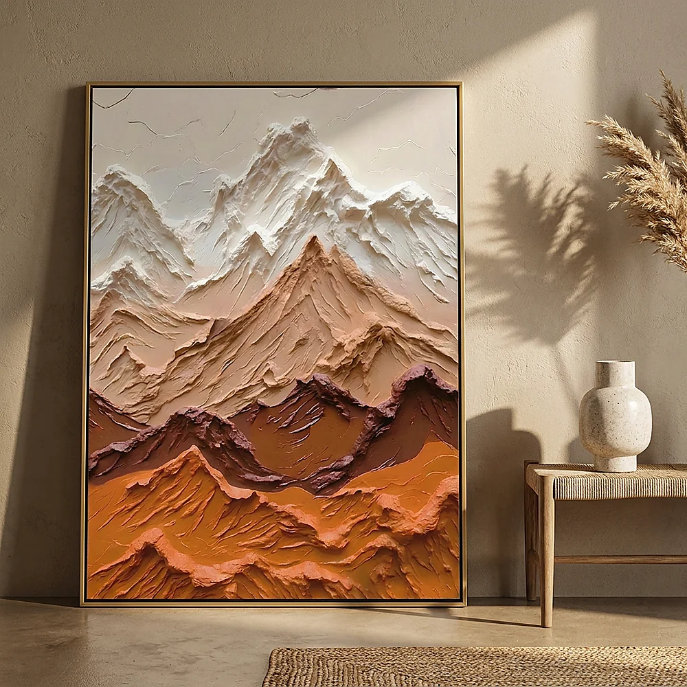 Ombre Range textured wall art shown framed on the wall in a styled interior