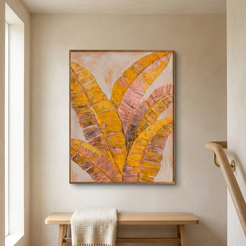 Ochre Frond textured wall art shown framed on the wall in a styled interior