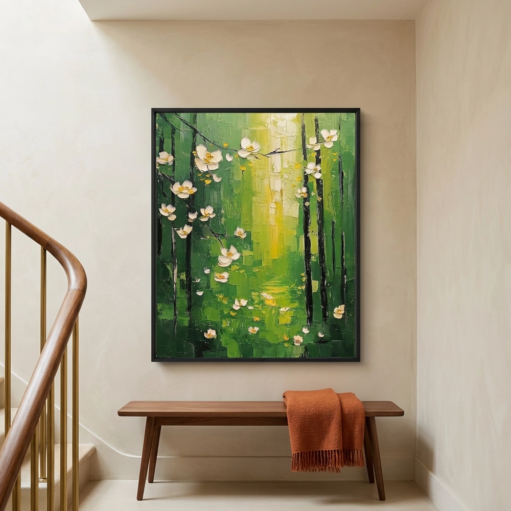 Magnolia Light textured wall art shown framed on the wall in a styled interior