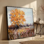 Autumn Harvest textured wall art shown framed on the wall in a styled interior