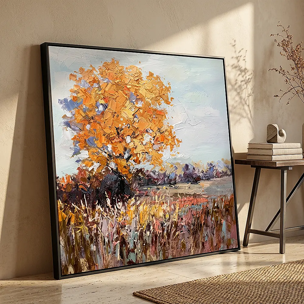 Autumn Harvest textured wall art shown framed on the wall in a styled interior