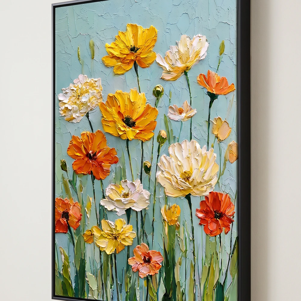 Poppy Cluster textured wall art shown framed on the wall in a styled interior