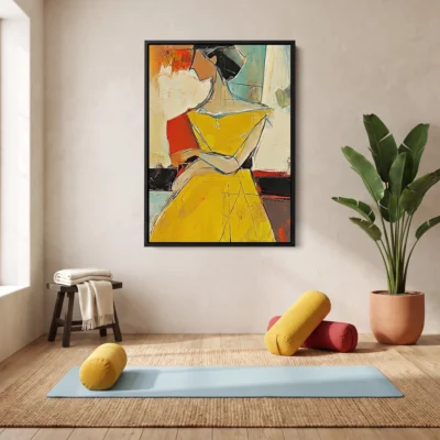 Saffron Study textured wall art shown framed on the wall in a styled interior