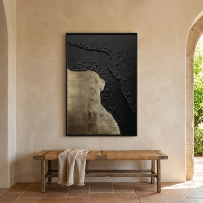 Rough Divide textured wall art shown framed on the wall in a styled interior