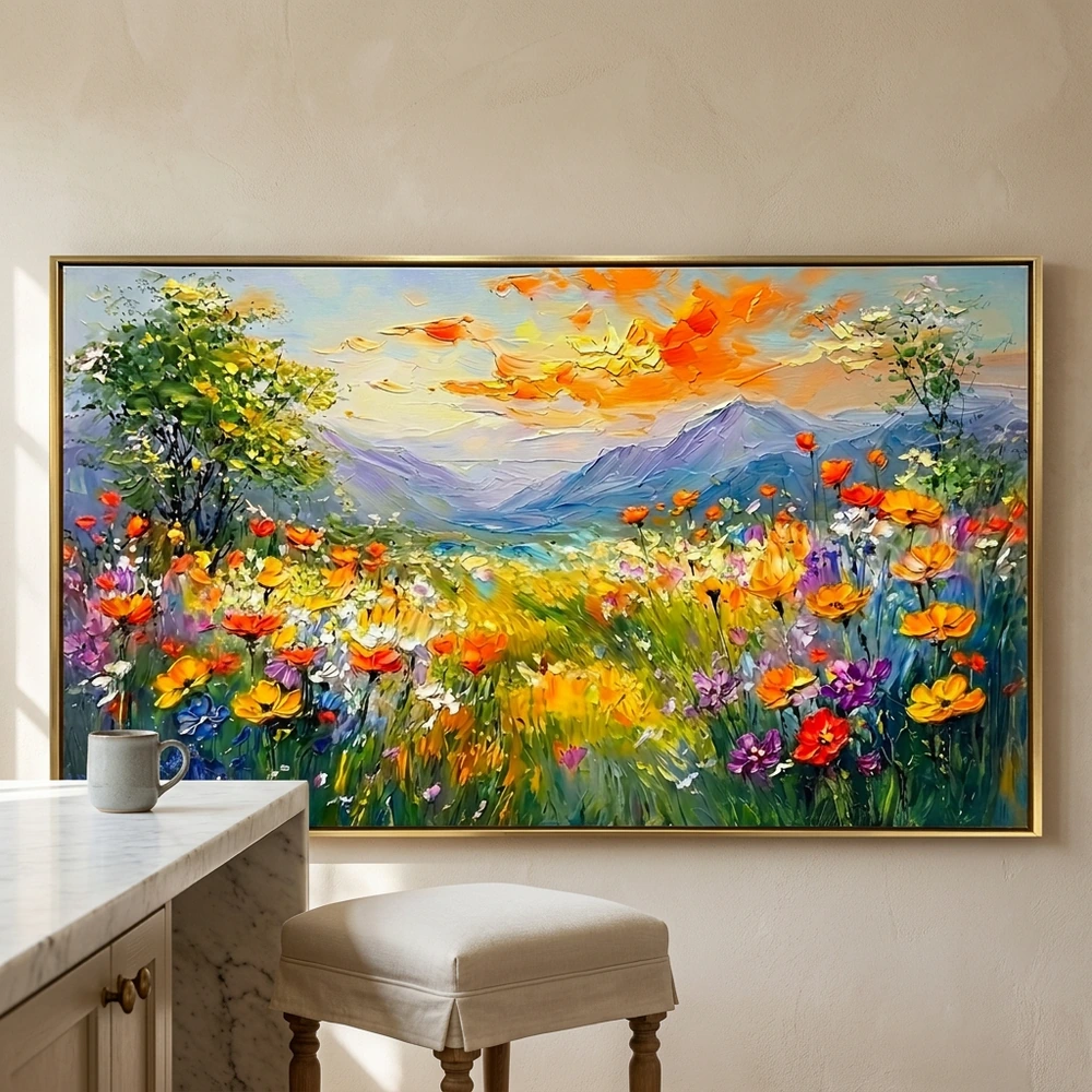 Wildflower Summit textured wall art shown framed on the wall in a styled interior