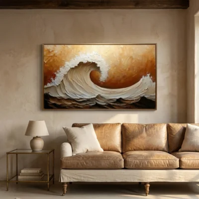 Amber Swell textured wall art shown framed on the wall in a styled interior