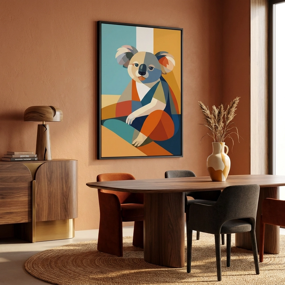 Cubist Koala textured wall art shown framed on the wall in a styled interior