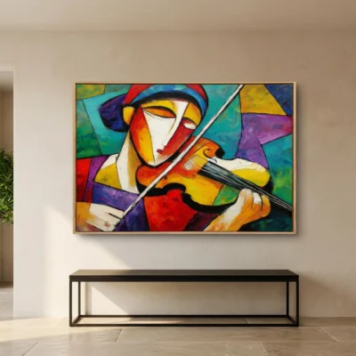 Violin in Bloom textured wall art shown framed on the wall in a styled interior