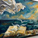 Pages to the Sea textured wall art shown framed on the wall in a styled interior