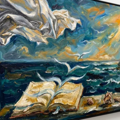 Imagined Voyage Seagulls fly from open book towards sea. abstract art - Angle View