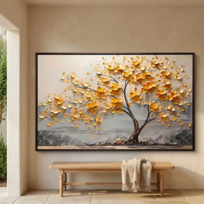 Grove Against the Skyline textured wall art shown framed on the wall in a styled interior