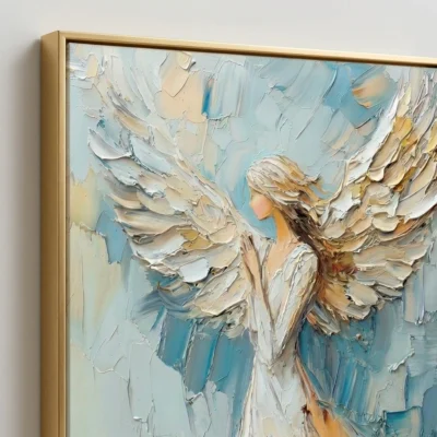 Impasto Winged Serenity Blue and white palette knife art Color wall art - Angle View