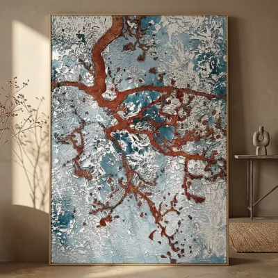 Copper Root textured wall art shown framed on the wall in a styled interior