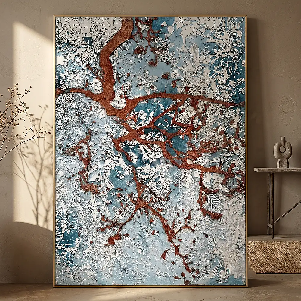 Copper Root textured wall art shown framed on the wall in a styled interior