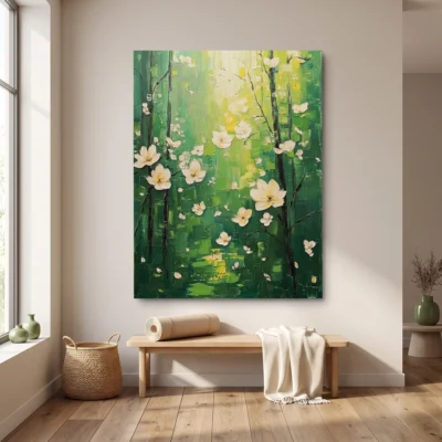 Grove of Light textured wall art shown framed on the wall in a styled interior