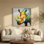 Cubist Rhino textured wall art shown framed on the wall in a styled interior