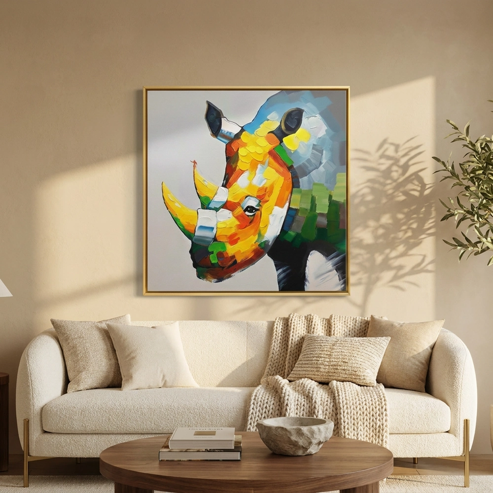 Cubist Rhino textured wall art shown framed on the wall in a styled interior