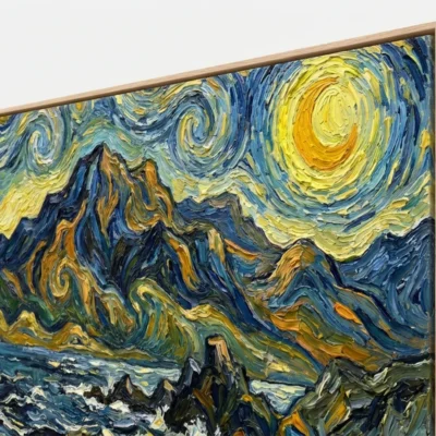 Midnight Coastal Swirl Swirling night sky over mountains abstract wall art - Angle View