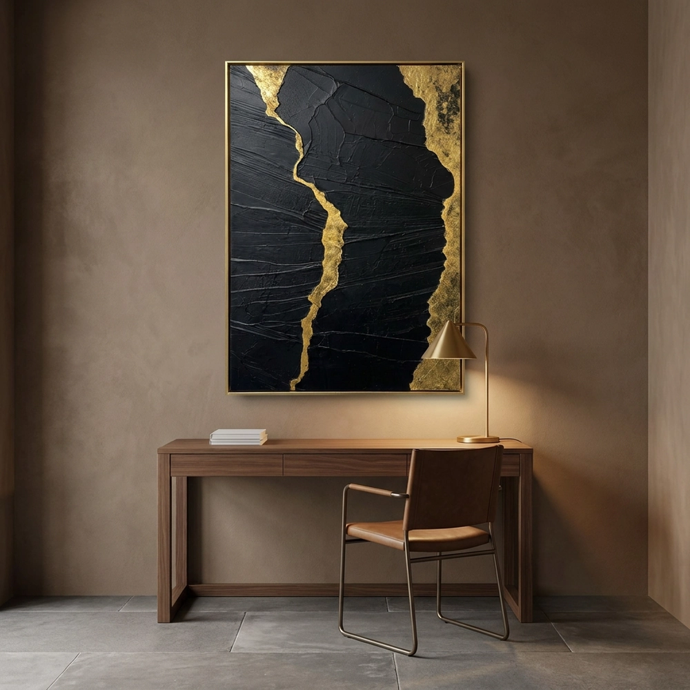 Kintsugi Fault textured wall art shown framed on the wall in a styled interior