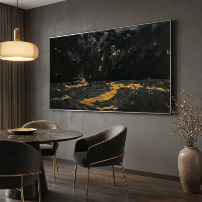 Midnight Drift textured wall art shown framed on the wall in a styled interior