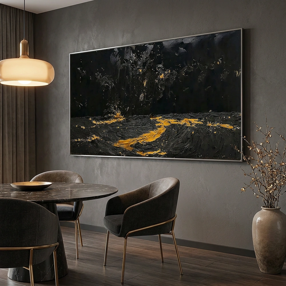 Midnight Drift textured wall art shown framed on the wall in a styled interior
