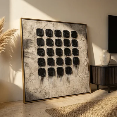 Twenty-Five Drops textured wall art shown framed on the wall in a styled interior
