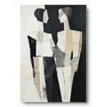 Cubist painting of two angular figures against a half-white half-black split background, black frame